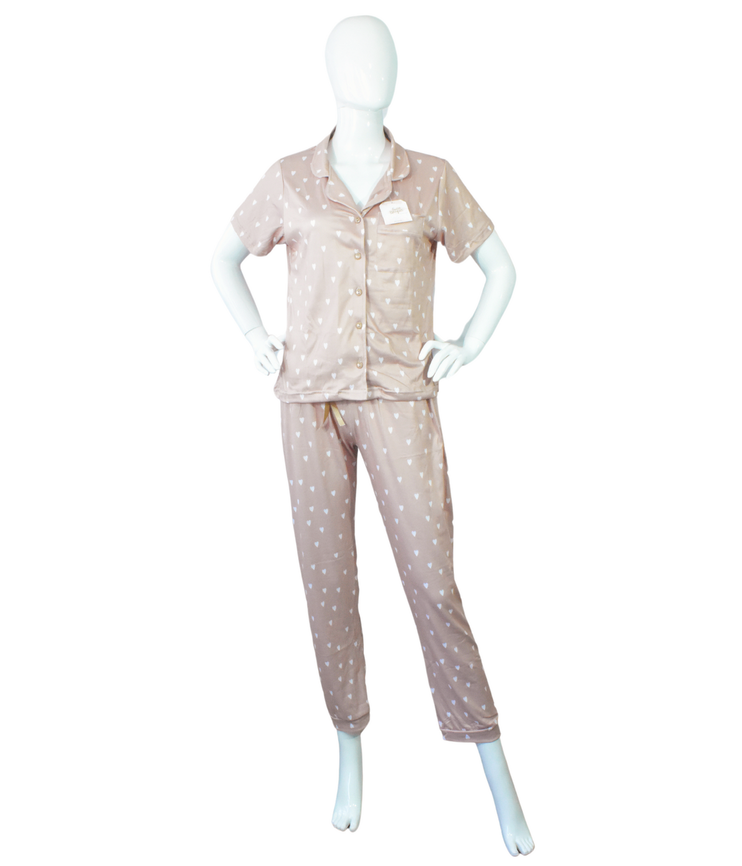 Pijama Beige con Corazones Blancos
