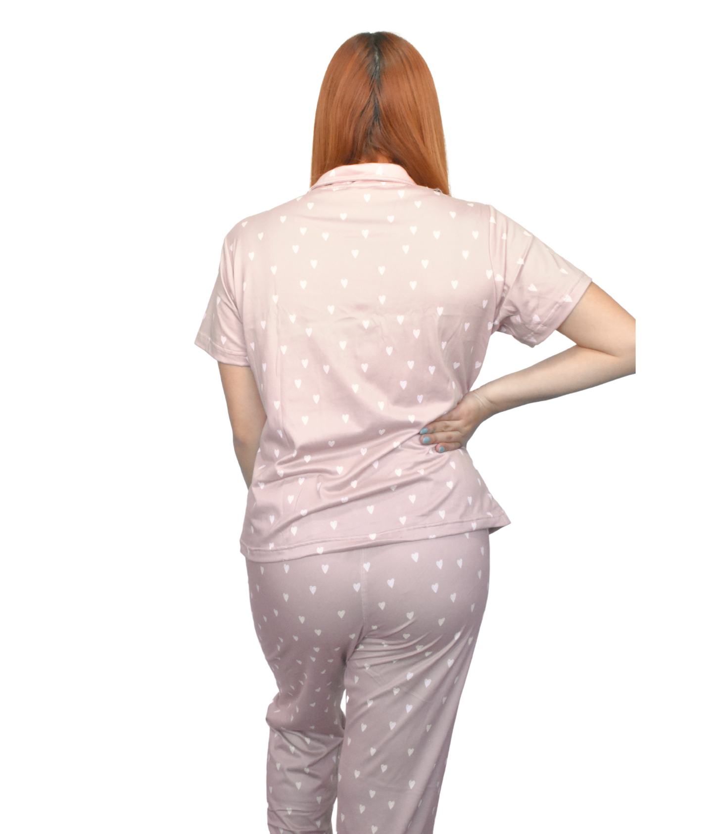 Pijama Beige con Corazones Blancos