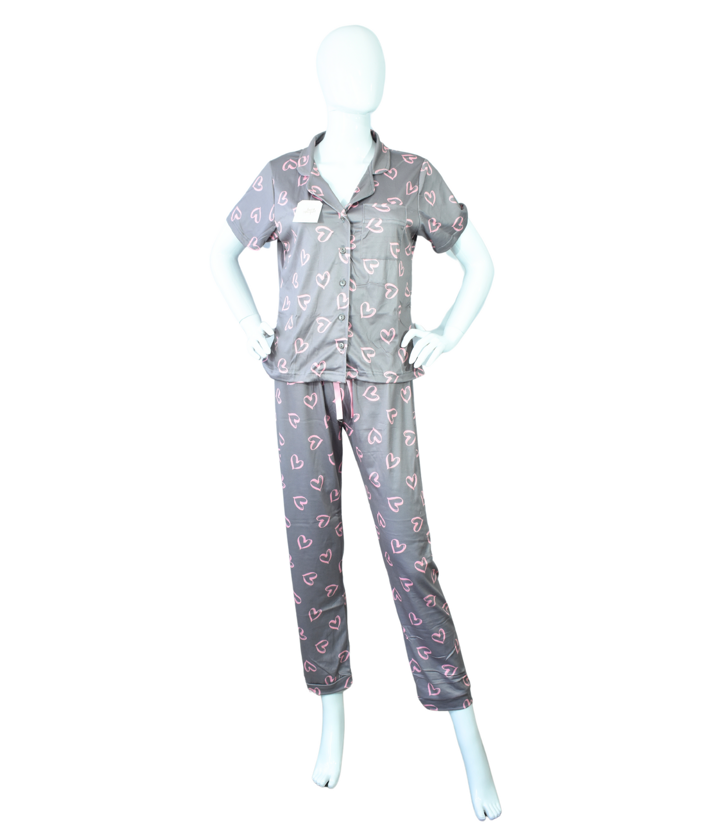 Pijama Gris con Corazones Rosas