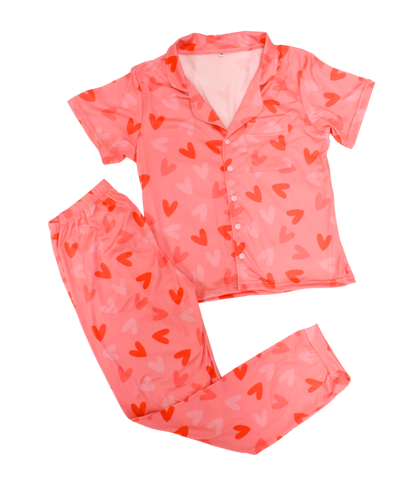 Pijama Rosa Coral con Corazones Rojos