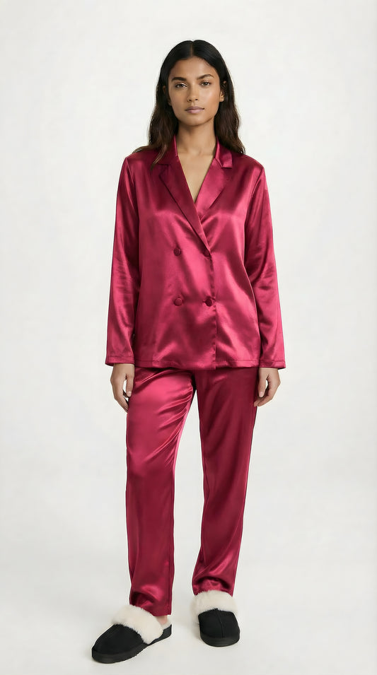 Set Pijama Largo de Satín | Rojo Frambuesa