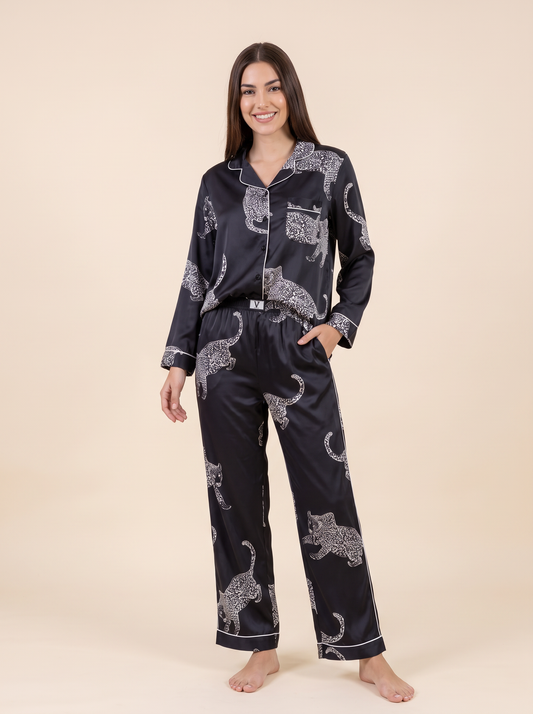 Set de Pijama Pantalón Satín | Black Leopard