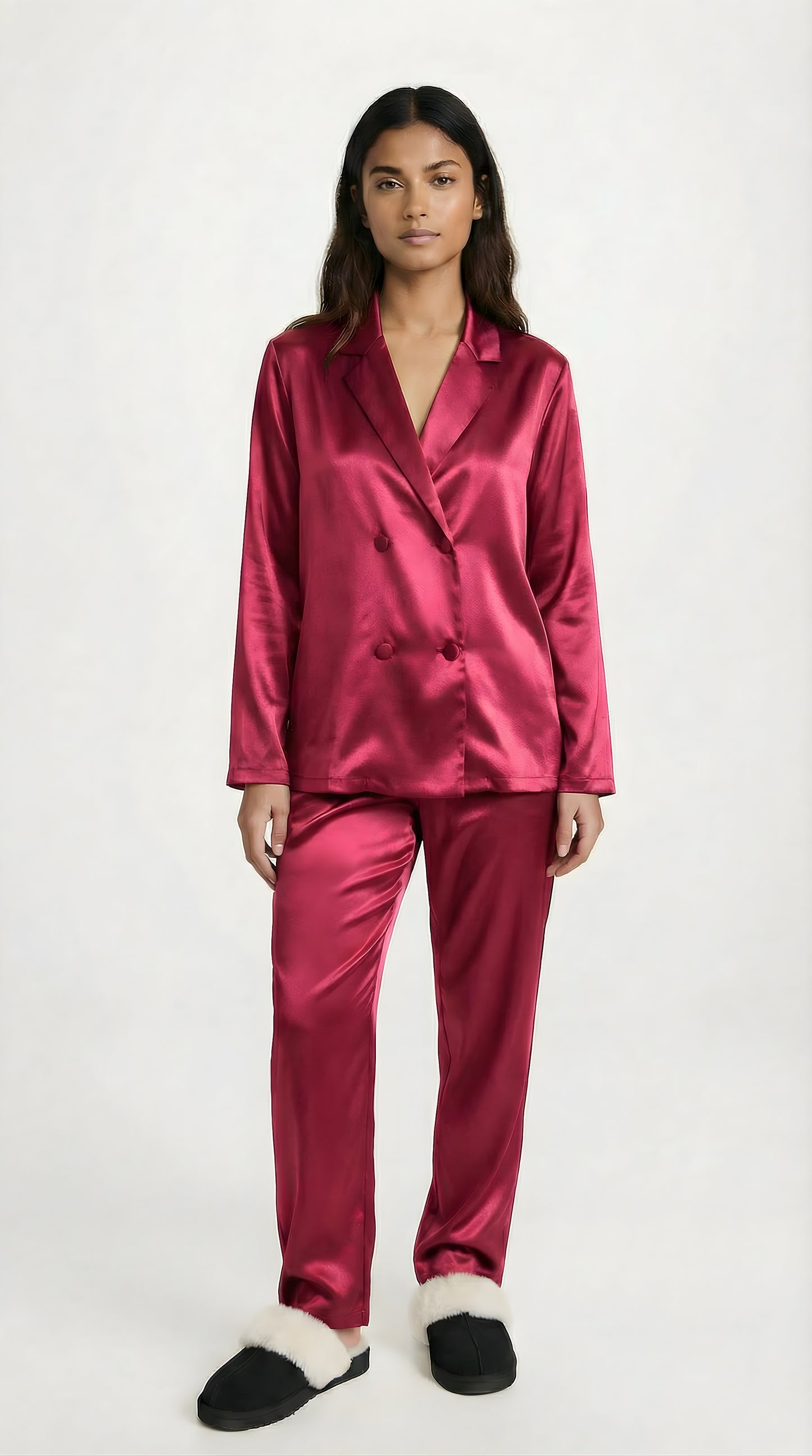 Set Pijama Largo de Satín | Rojo Frambuesa